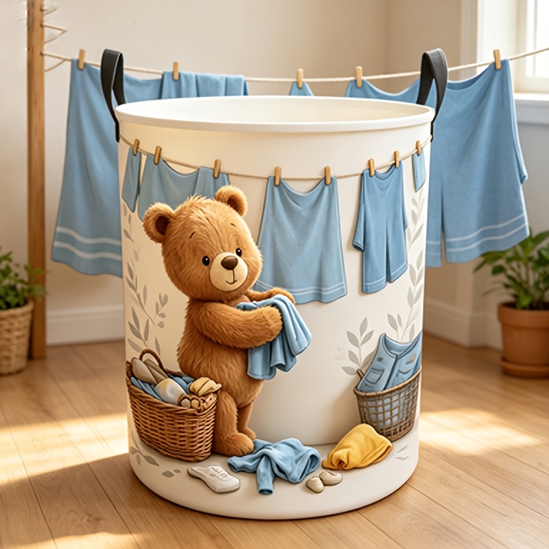 TEMU Cute Cartoon Bear Laundry Basket, High-value Clothes Hamper, Large Capacity Household Storage Bin, Portable With Handles, Practical Home