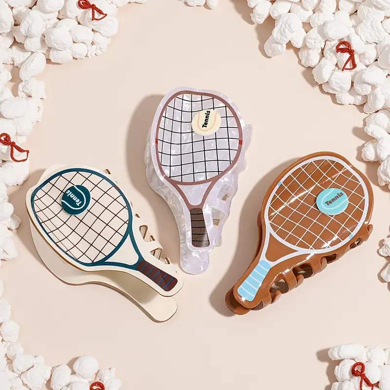 2pcs cute cartoon tennis racket hair clips sporty grid pattern lettered oval grip hair accessories for half up styles parties travel pastel earthy tones tennis accessories party   stylish accessory novelty hairpin   Product details 0