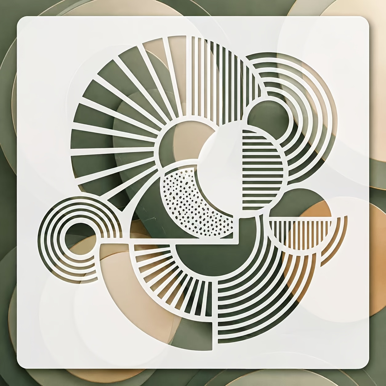 TEMU 1pc Boho Abstract Geometric Stencil 11.8x11.8 Inch Reusable Pet Template With Radial Strip Dot Overlapping Shape Minimal Pattern For Canvas