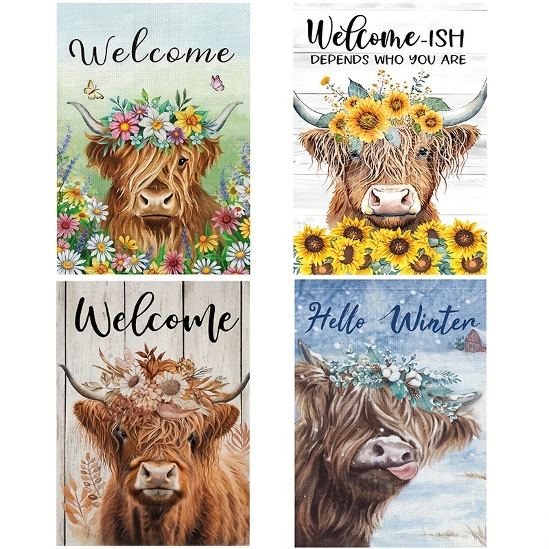 

4pcs/set 4 Season Cow Theme Garden Flag Different Seasonal Farm House Flag Spring Summer Fall Winter Highland Cattle Print Lawn Flag Porch Sign Double Sided Waterproof Vertical Flag 12*18inch