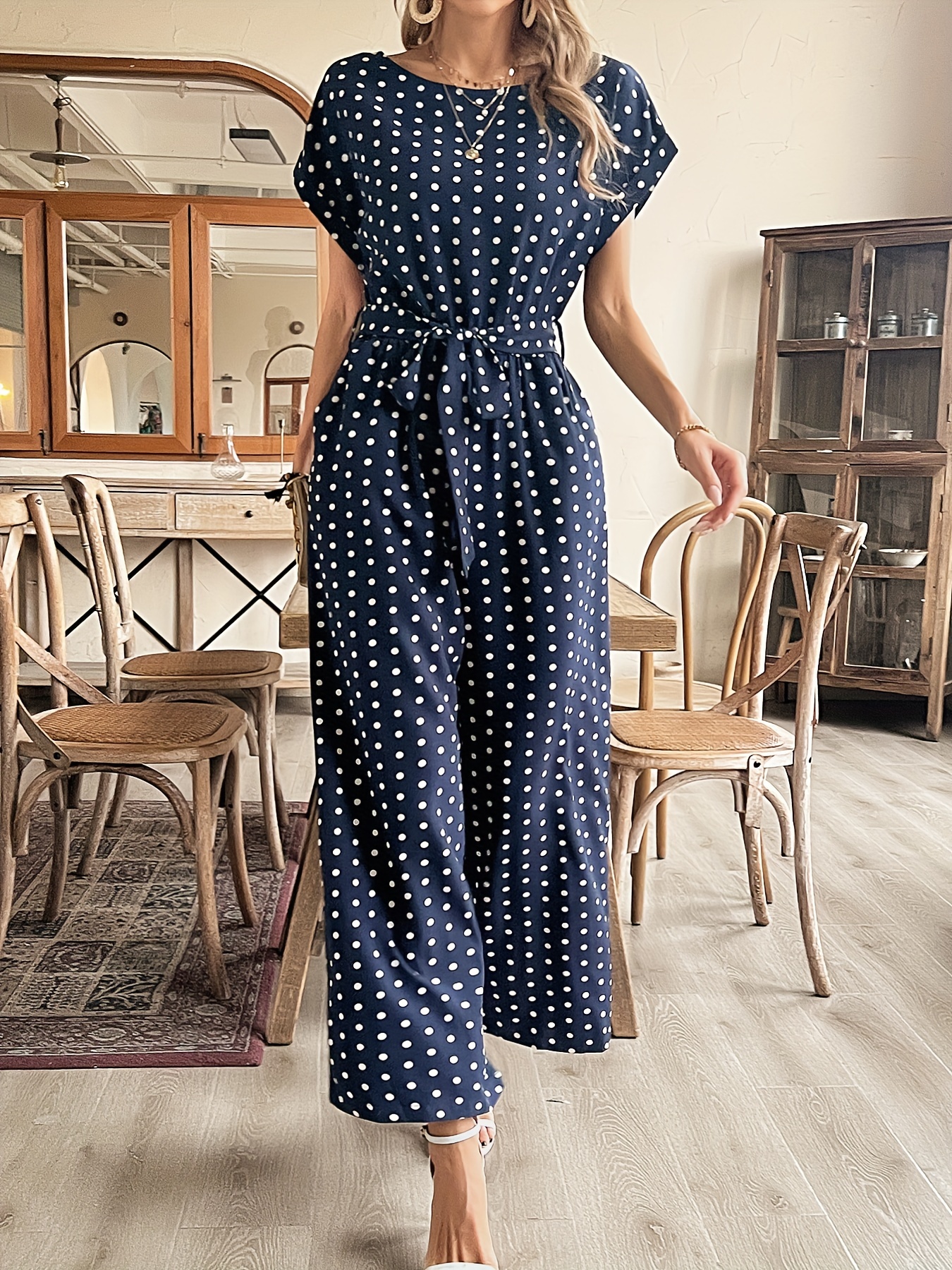 polka dot pattern jumpsuit elegant short sleeve wide leg Temu United Kingdom