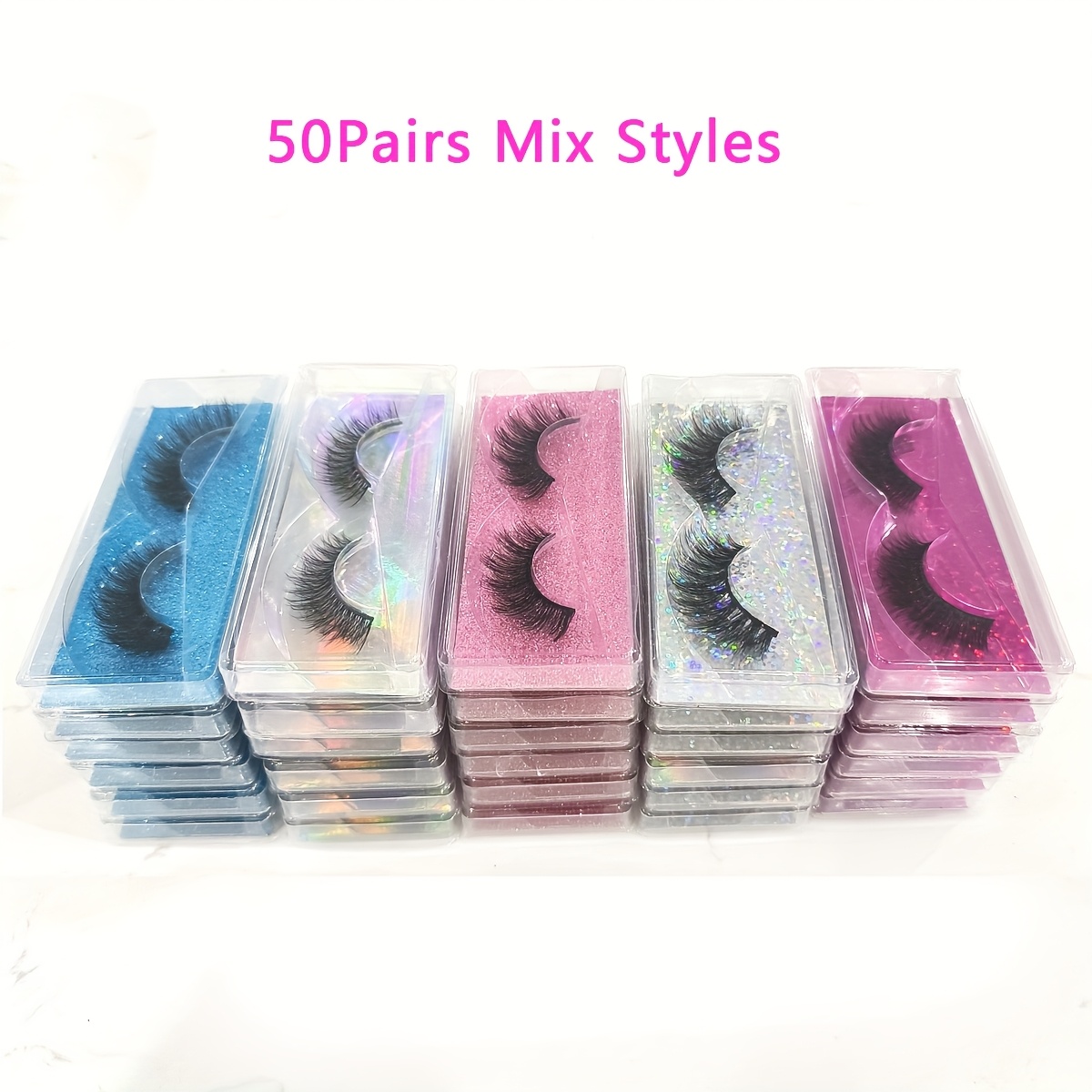 TEMU 50 Pairs Of Ellazzle Luxurious Mink False Eyelashes - Natural , Curly And Thick, Cat , Fluffy, C , Designs, Reusable, Easy To Apply, Long-lasting