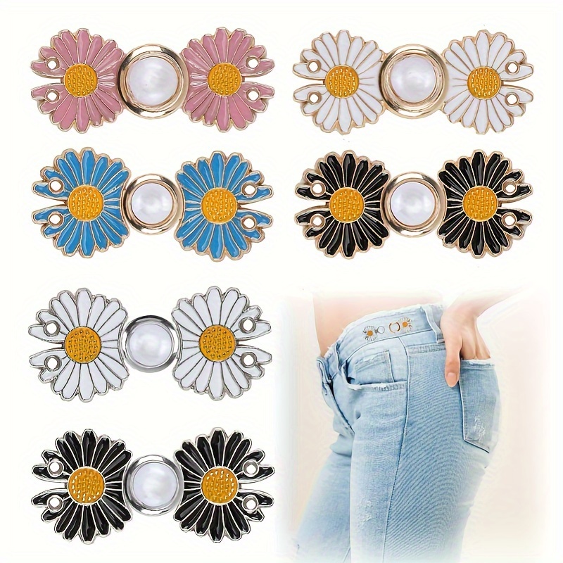 

Daisy Flower Denim Waist Tightener Buttons, 6 Pairs Adjustable Removable Metal Jean Buttons Pins Set In White, Black, Pink, Blue For Perfect Fit On Loose Pants And Skirts