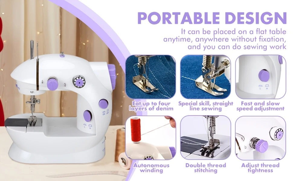 1/2pcs máquina de costura multifuncional portátil, máquina de costura elétrica mini para casa, máquina de costura de mesa de dupla linha velocidades e luz noturna no pedal, adequada para iniciantes, casa, presentes de , presentes de feriado, presentes de aniversário, detalhes 1