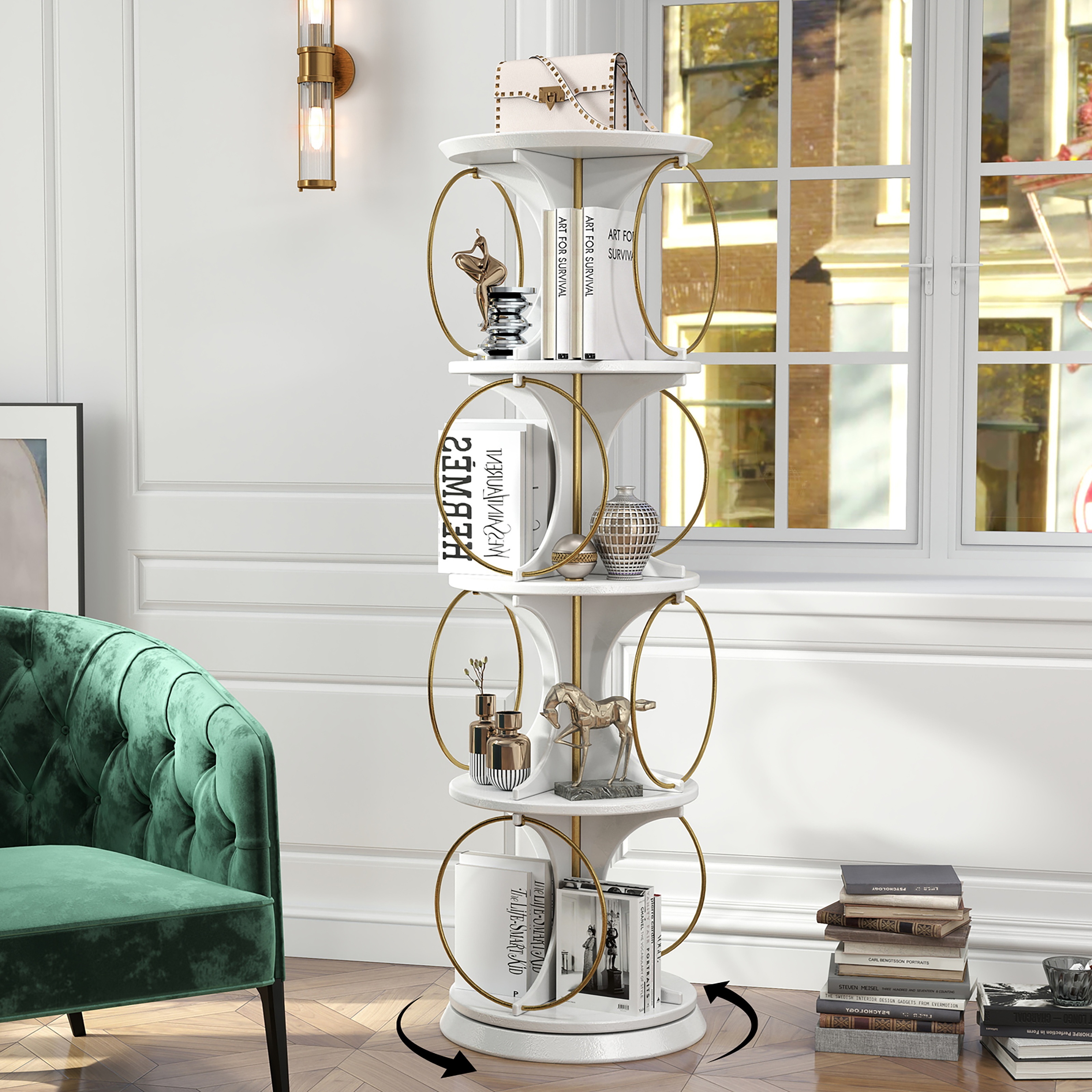 Display Shelf, 4 Tier Floor Standing Organizer, Modern Style, 360°Rotation, Stable and Solid, Holds Books and Displays, Suitable for Living Room and Bedroom