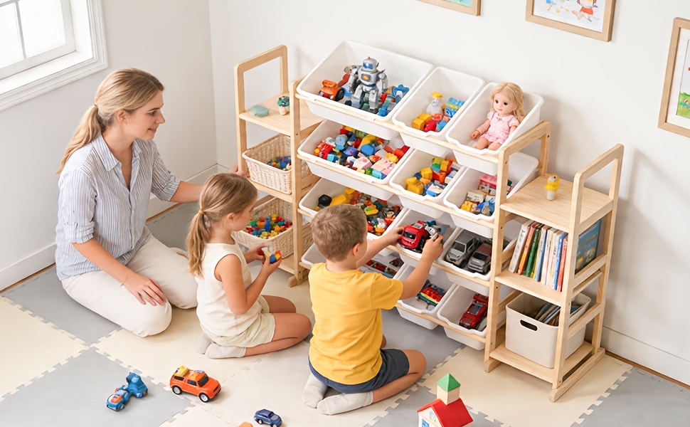 Storage Organizer with 6 Shelves And 12 Bins, 52.3 Inch Wide Kids Bookshelf And Organizer, Wooden Bookcase with Storage Bins for Playroom, Bedroom, Nursery And Room Decor