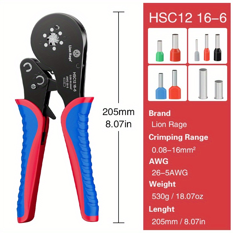 TEMU 1pc Pince à Sertir HSC12 16-6 de Haute Qualité, Outil Manuel Professionnel pour Électricien, Compatible avec les Bornes Tubulaires Type Pin/E,