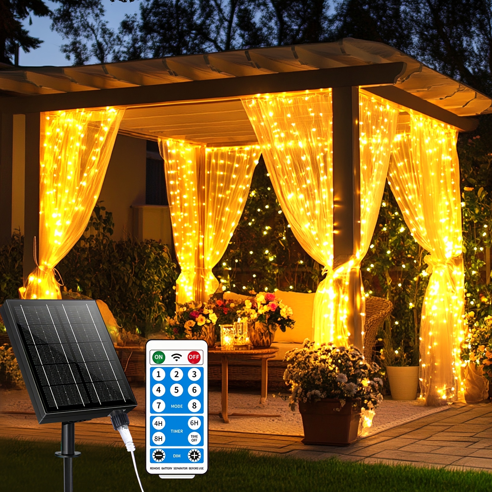 TEMU Guirnalda de luces solares de 330 LED 3*3 - 8 con control remoto, energía solar, sin de electricidad todo el año y de larga duración - para