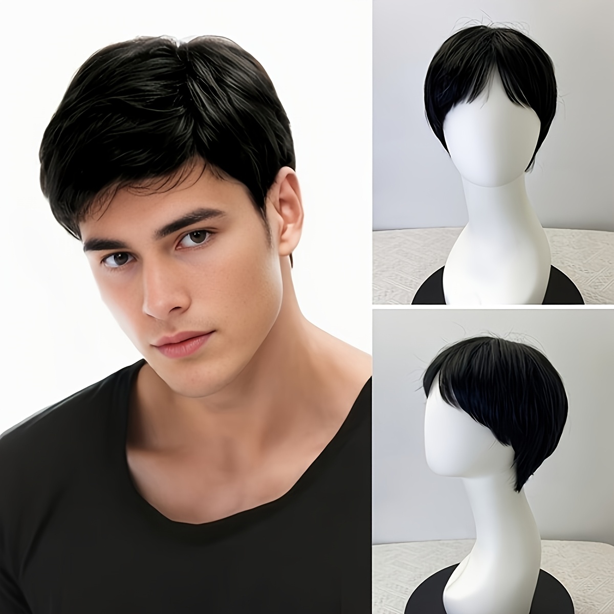 men's short layered wig bangs black straight synthetic hair Temu