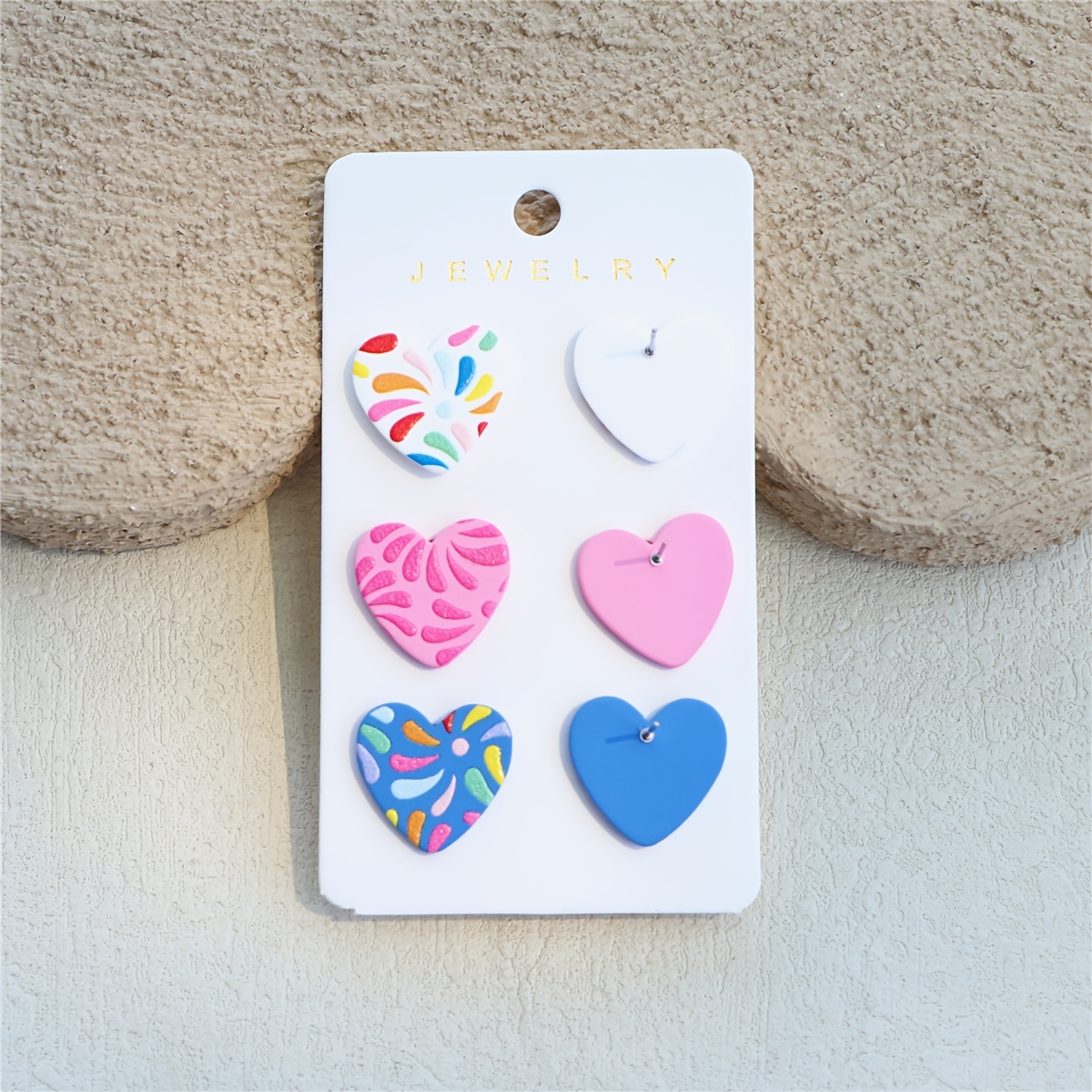 3-in-1 Multicolor Flower Print Clay Texture Heart Earrings