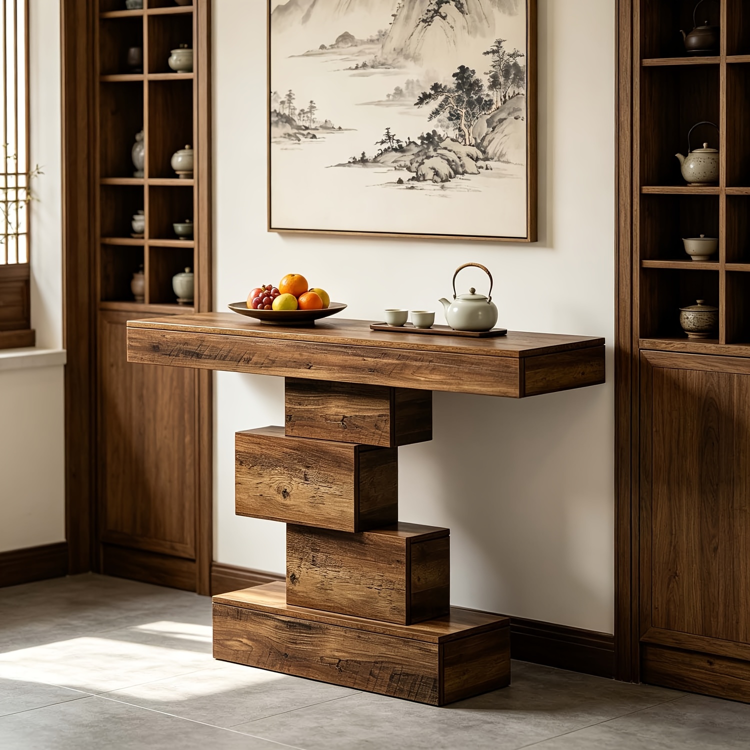 42.5 Inch Rustic Farmhouse Console Table With Geometric Base, Narrow Wood Sofa Table Behind Couch For Entryway And Living Room (1pc)