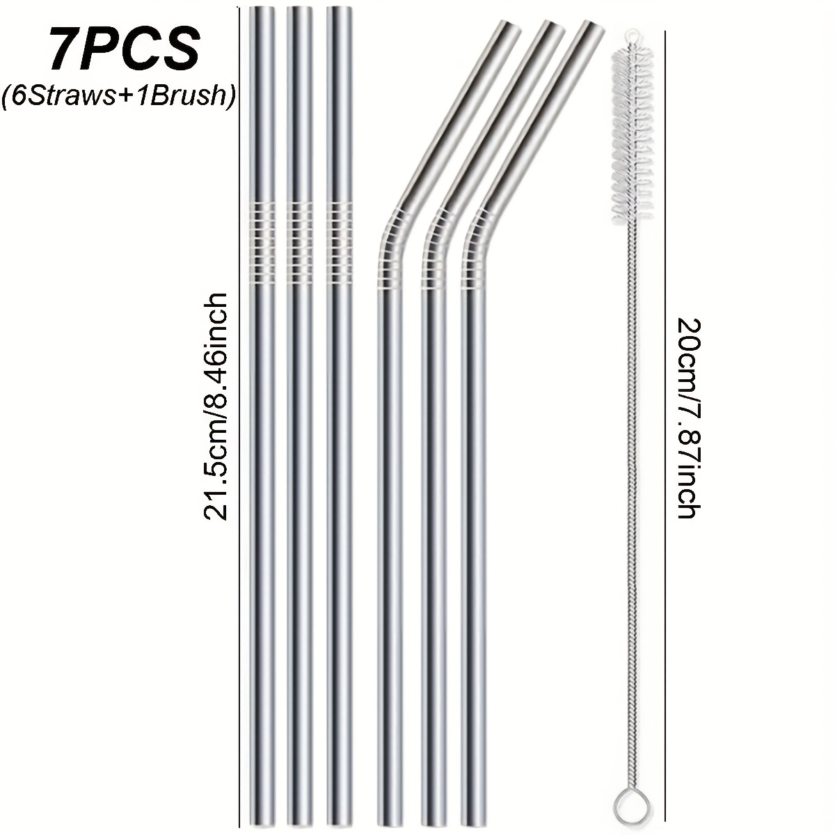Image of 7/14/28pcs Silvery Metal Straw, 8.46in Stainless Steel Straw With Cleaning Brush, 500ml Mug, Curved Straw For Iced Tea/cold Drinks, Suitable For Dishwasher