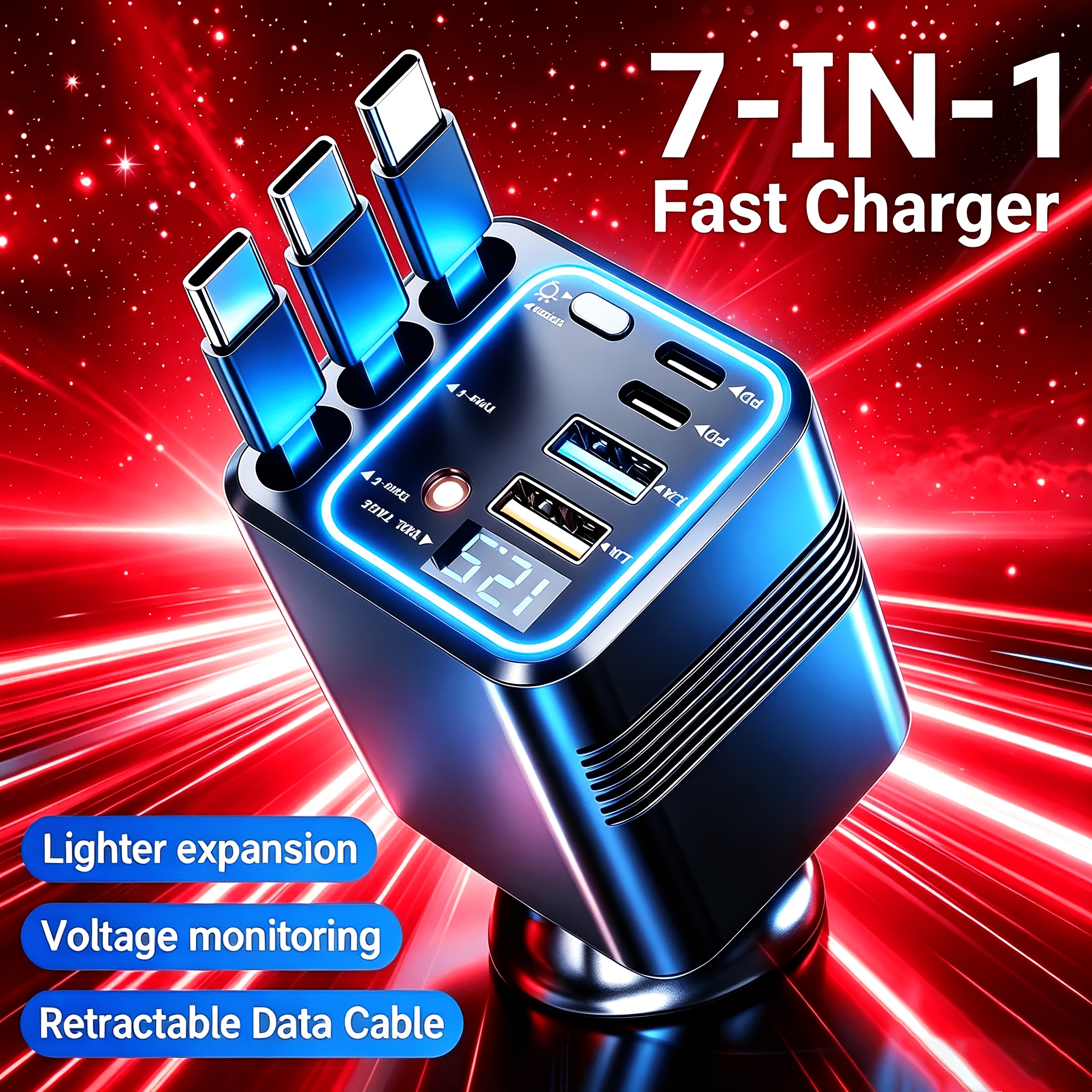 TEMU Upgrade The Multifunctional Multi Port Car Charger With Colorful Lights, In Fast Charging Mobile Phone Charger With A Romantic Starry , With 3