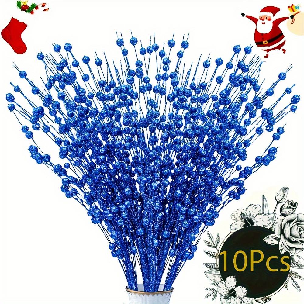 

10pcs Sparkling Stems - 15.7" Artificial Christmas Picks For Tree, Vase, Diy Wreaths & Home Decor - Blue/white