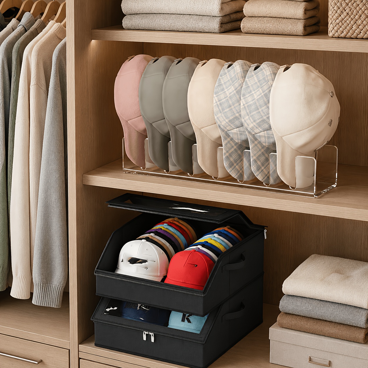 TEMU Soporte de almacenamiento para gorras de béisbol, organizador duradero para cajón de armario, de almacenamiento de sombreros multicompartimento,
