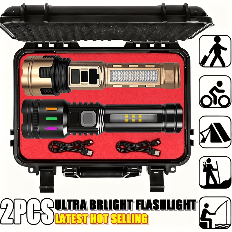 TEMU 2pcs , Rechargeable Tactical Torch Kit With Carry Case, 7 Lighting , High Handheld Flash Light For Camping Hiking Fishing Emergency Power Outage