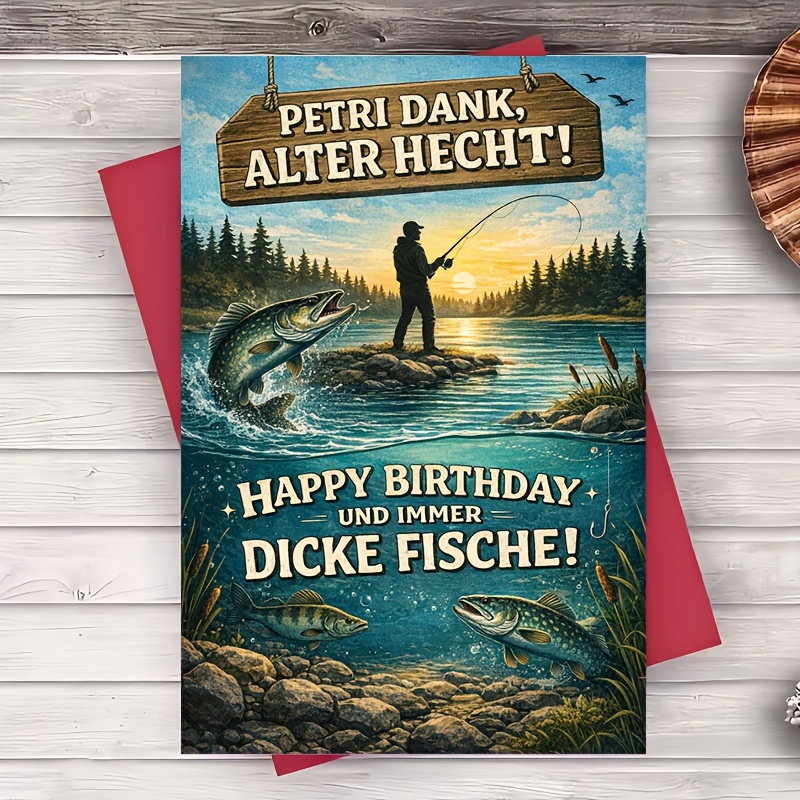 E-shop Ein Umschlag eine Grußkarte -Geburtstagsgrußkarte für Männer Lustiges Angler-Thema Seeszene Ideal für Papa Ehemann Freund Angler-Geschenk für