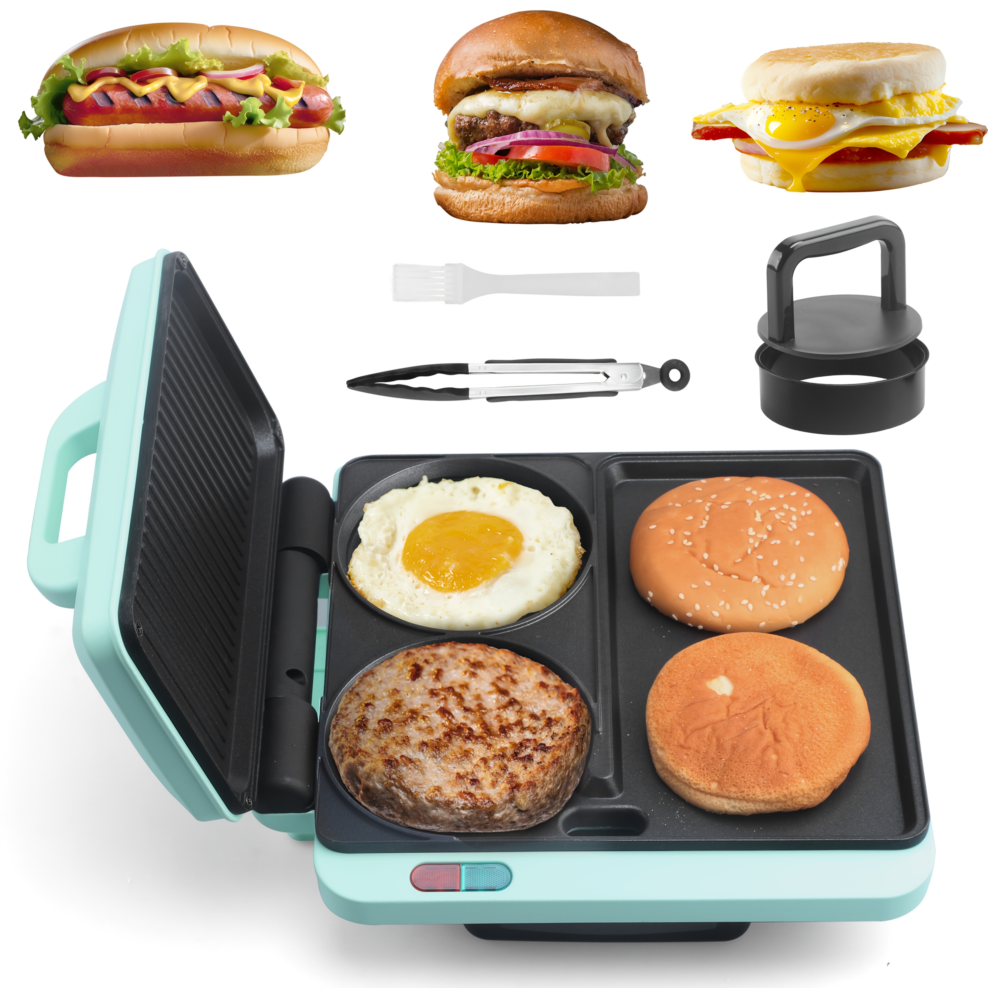 TEMU Electric Breakfast Sandwich Maker, 3in 1 Breakfast Griddle & Grill Combo, Includes Burger Press, Nonstick, Aqua