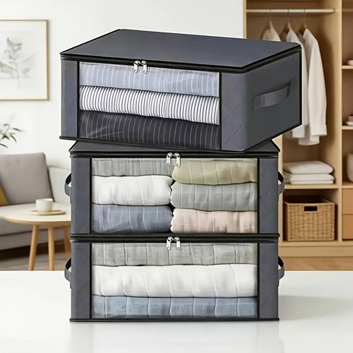 3 extra large foldable storage boxes with clear windows zippered lids and reinforced handles durable folding organizer bags suitable for bedding blankets pillows and clothing under bed storage