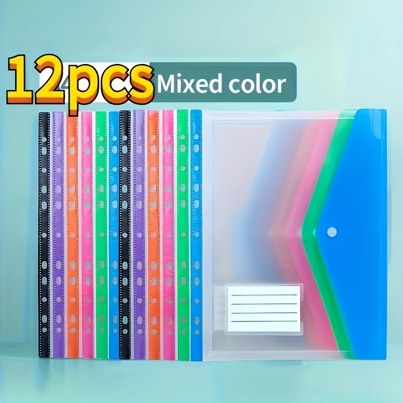 E-shop 12 Stück farbige A4 Plastikordner, Expander mit Knopf, 11-Ring-Ordner mit Tasche - Robuster PP-Kunststoff-Ordner mit Verriegelung, lebendige