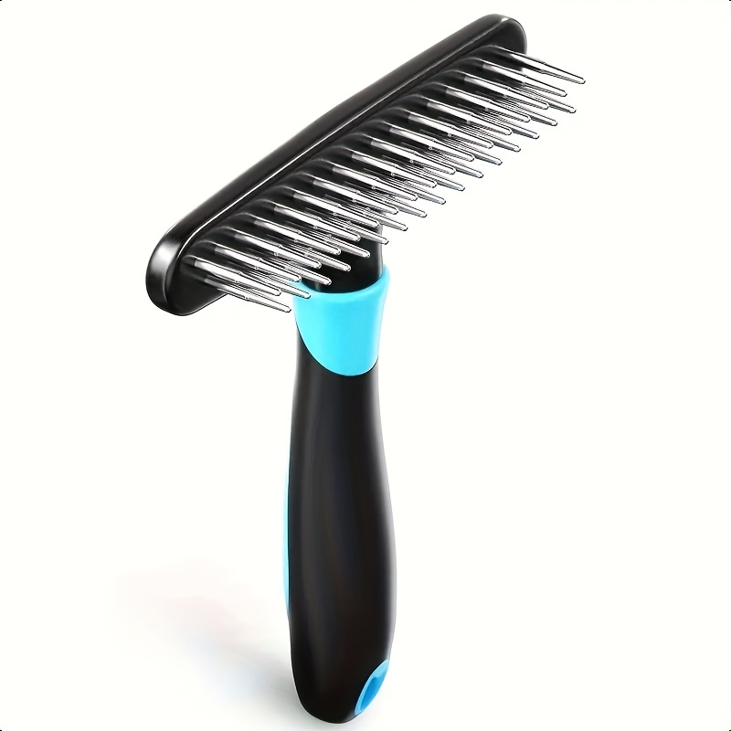 TEMU Double Row Stainless Steel Deshedding Brush For - Undercoat Rake For Short & Long Hair Coats - Ergonomic Black Handle With Blue Accent - Reduces
