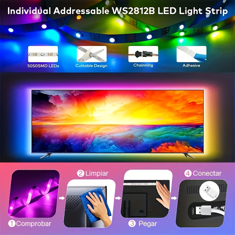 1бр RGB LED лента, захранвана от USB, управление чрез приложение, музикална синхронизация, таймер, регулируема яркост, многорежимно осветление за спалня, идеално за спалня, парти, Коледа, Хелоуин, подсветка на телевизор - неакумулаторна батерия за бутони