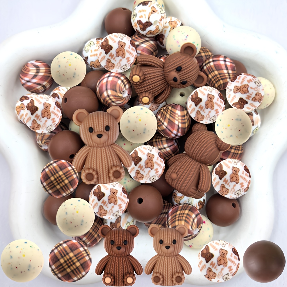 TEMU 28pcs Cuentas de Silicona, Cuentas Redondas de Oso con Estampado de Cuadros Marrones de 15mm al por Mayor - de Color Otoño/Invierno, Cuentas