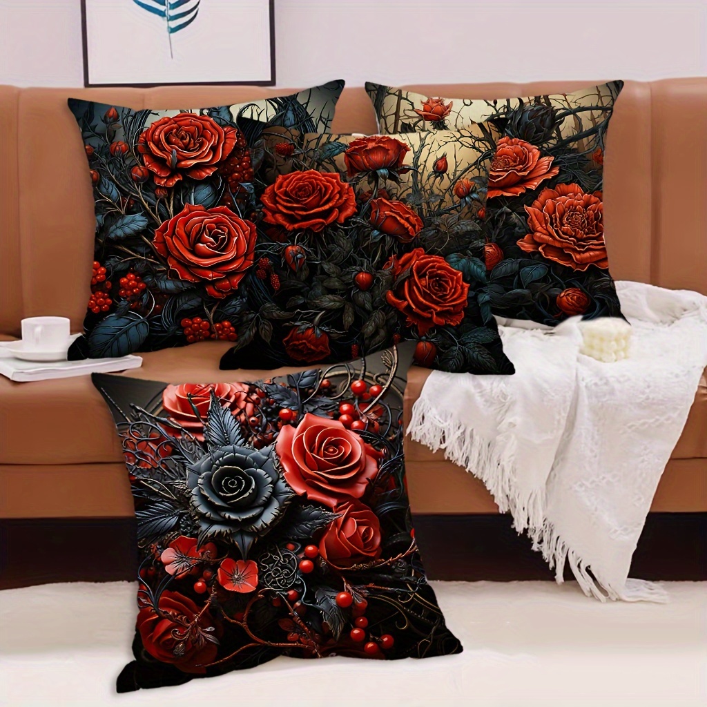 

Gothic Style Red And Black Rose Plant Pattern Pillow Covers - 4 Pieces, 45x45 Cm, 100% Polyester, Machine Washable, Floral Design, Zipper Closure, Suitable For Various Room Types