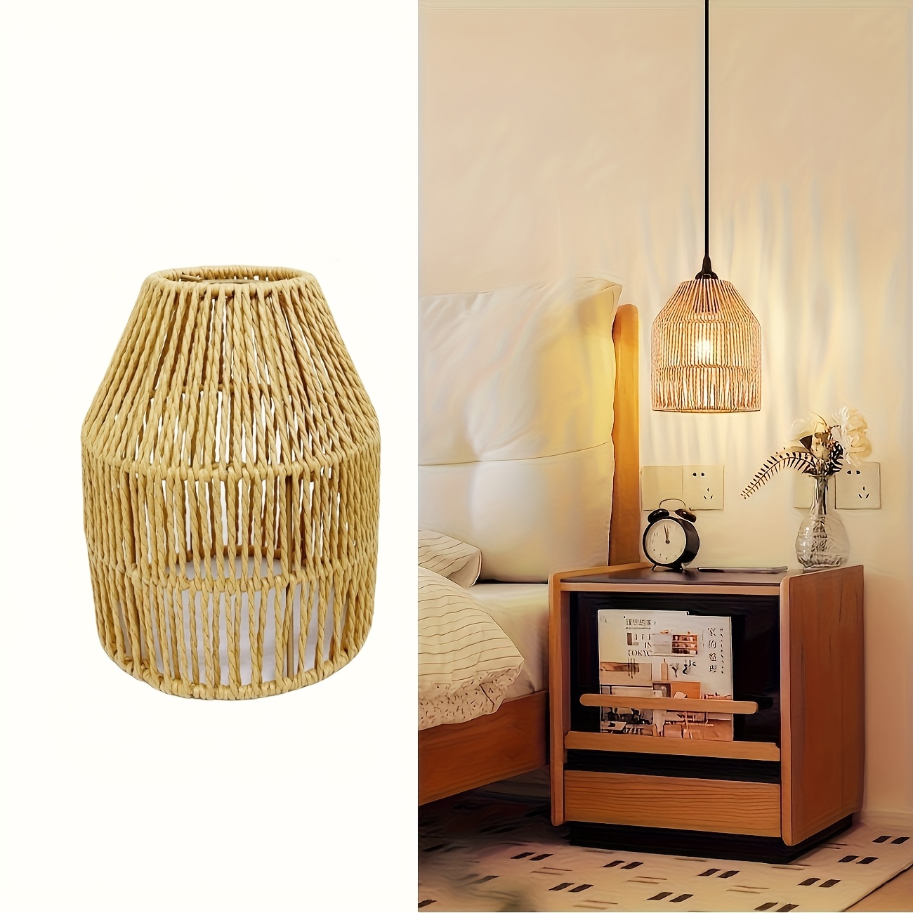 Image of 1pc Hand Woven Boho Decor Lampshade, Woven Hanging Lampshade Rustic Wall Light Lampshade For Bedroom Living Room