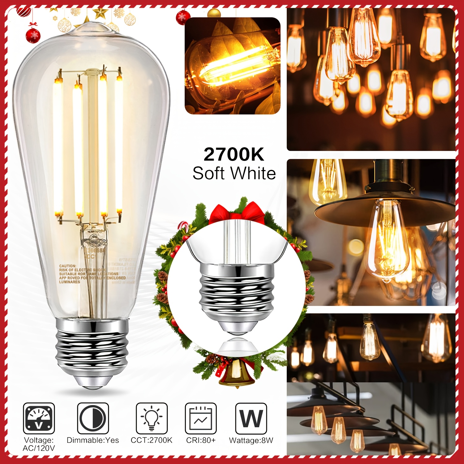 

St58 E26 Led Filament Bulbs, Antique Vintage Glass Bulbs, 8w Equi 60w, 800lumens, 2700k Warm White, Dimmable, Suit For Christmas, New Years. Home, Bedroom, Office Bulbs