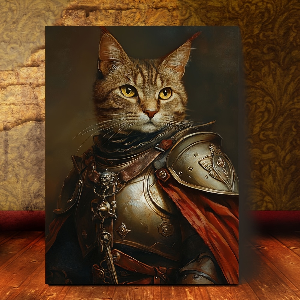 

1pc Medieval Knight Cat Canvas Wall Art, 11.8"x15.7" - Wooden , Ready To Hang, Armored Cat With Golden Accents, Ideal For Living Room & Bedroom Decor, 2d, Room Decor