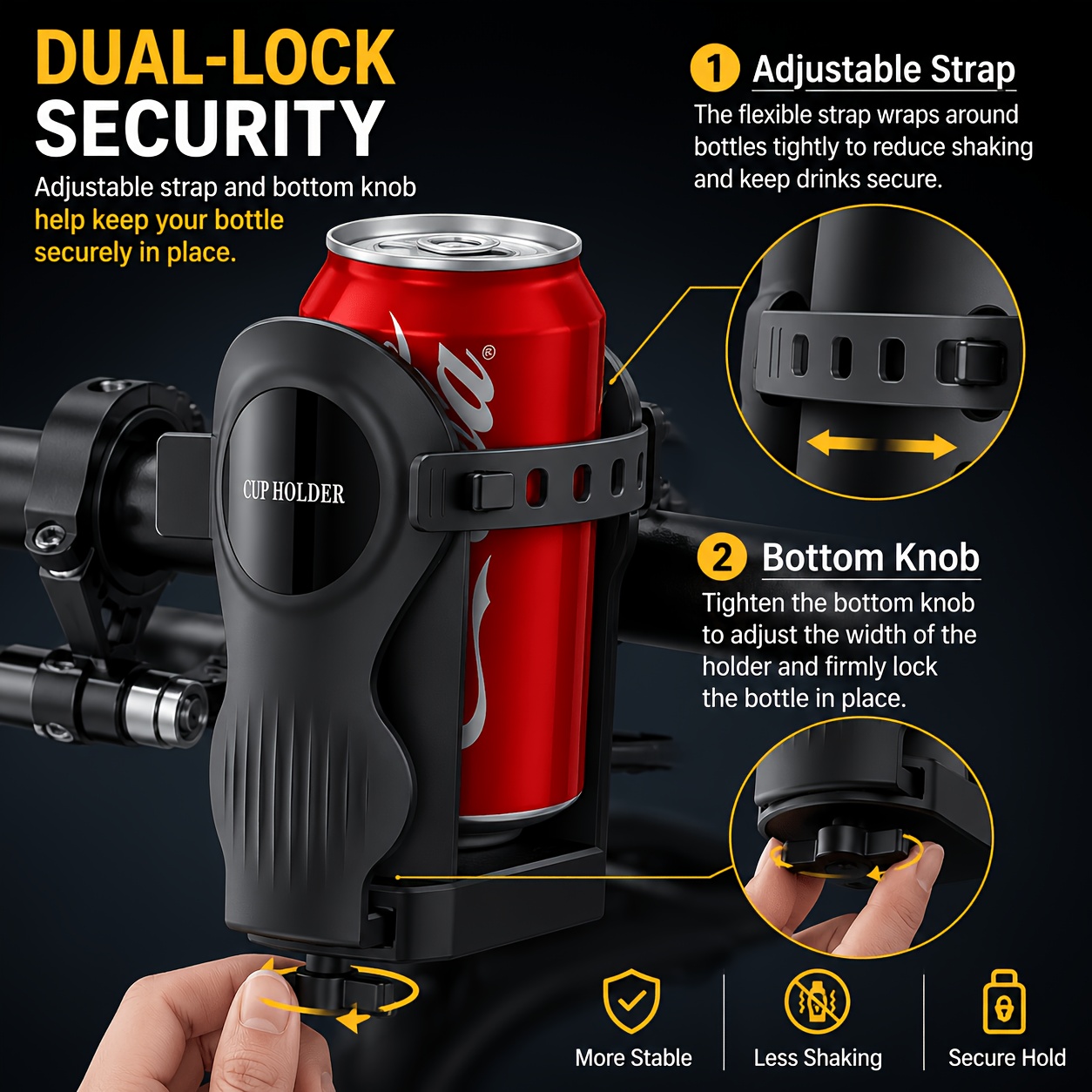 universal bicycle cup holder motorcycle cup holder handlebar cup holder and bicycle water bottle holder featuring an adjustable water bottle holder with silicone straps and a knob Product details 0