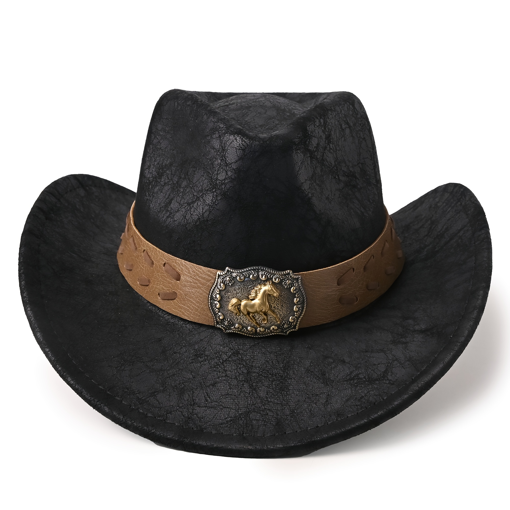 TEMU Unisex Distressed Cracked Suede Cowboy Sun Shade Hat, Cutout Band With Vintage Golden Running Horse Metal