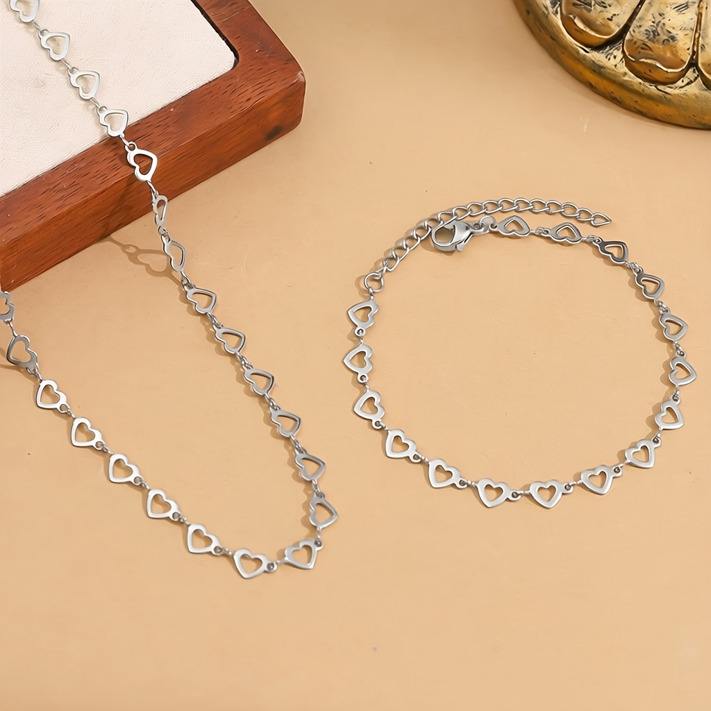 TEMU Ensemble bracelet et collier cœur élégant et tendance de haute qualité en acier inoxydable 316L, 2 pièces, idéal cadeau pour les de de diplômes,