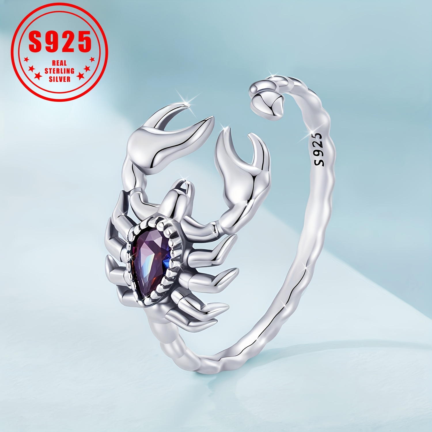 

925 Sterling Silver Cuff Ring Trendy Scorpian Design Inlaid Shape Zirconia Suitable For Men And Halloween Decor. 2.1g/0.07oz