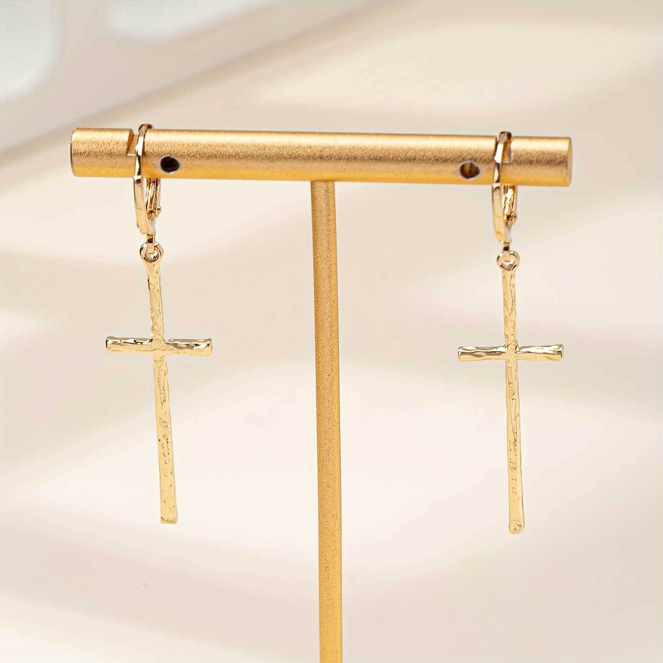 Golden Tone Cross Dangle Earrings - Hypoallergenic Iron