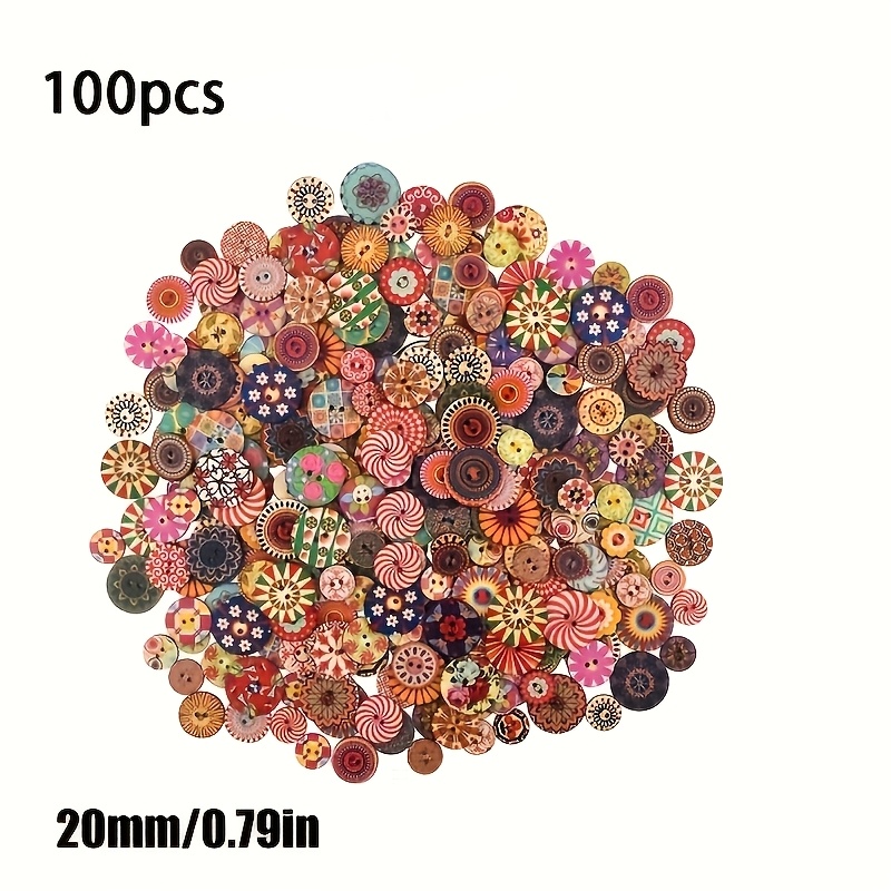 Image of Vintage Buttons - 100pcs Mixed Color Wooden Buttons For Crafts, Sewing Supplies, Colorful 2-hole Decorative Sewing Buttons With Floral And Geometric Patterns, Craft And Art Supplies In Assorted Colors