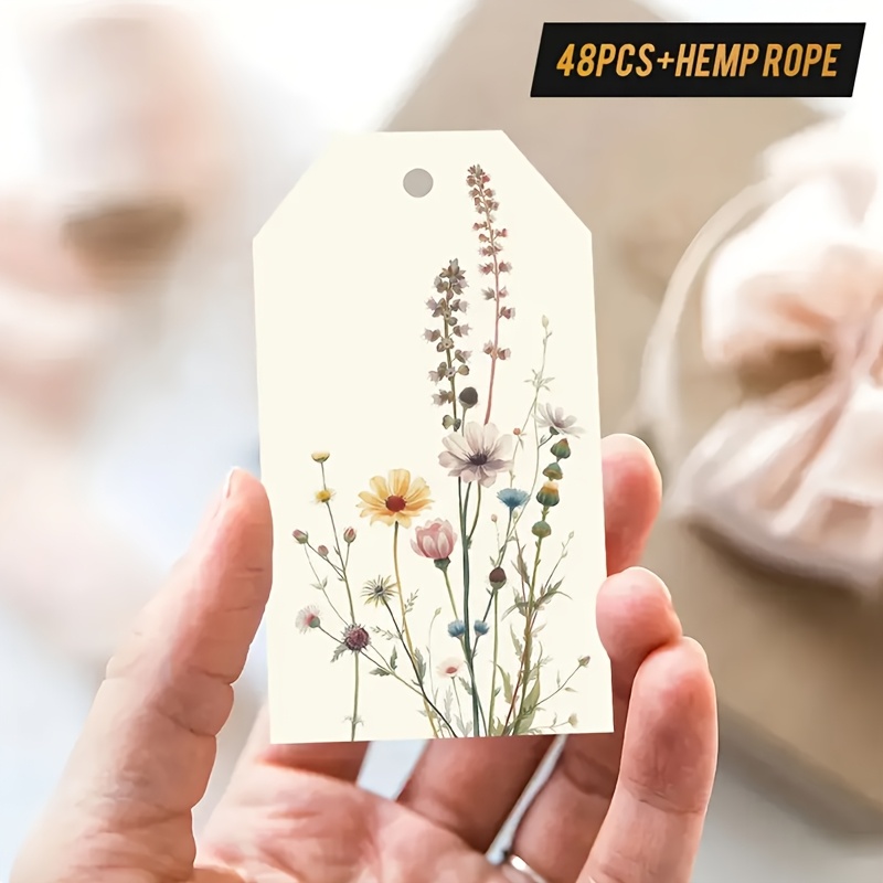 Image of 48pcs, Gift Tag Cards, With Twine, Beautifully Hand-painted, Showcasing A Tall Pink , Yellow Daisies, Purple Flowers, And Soft Small Flower Cards