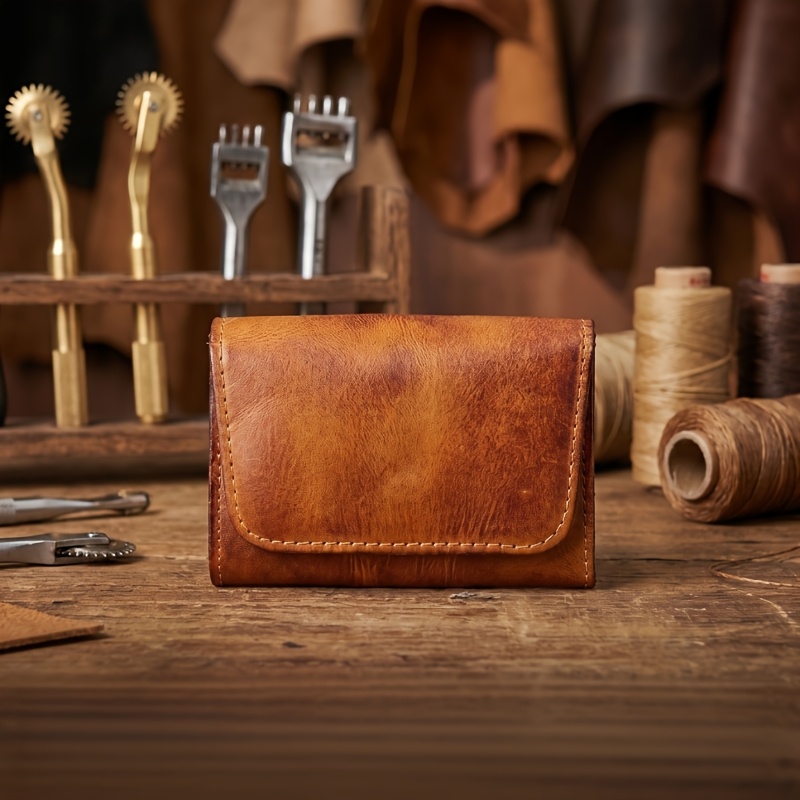 Image of Vintage Top-grain Leather Leather Handmade Distressed Card Holder Multi-card Slot Coin Purse License Holder Genuine Leather