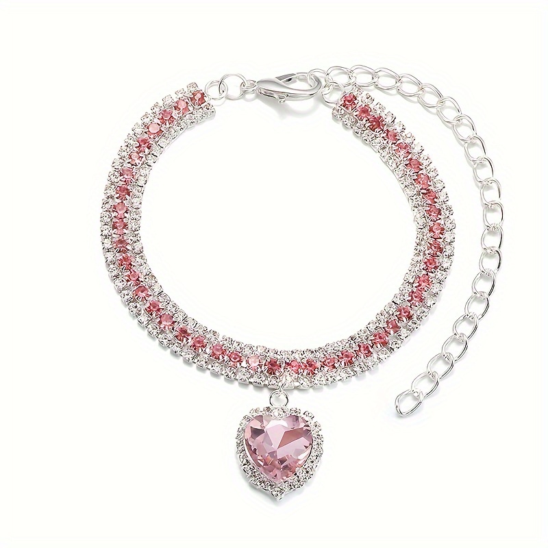 Pet Supplies Colorful Three-row Pet Princess Heart Crystal Pendant Collar Chain With Artificial Diamonds