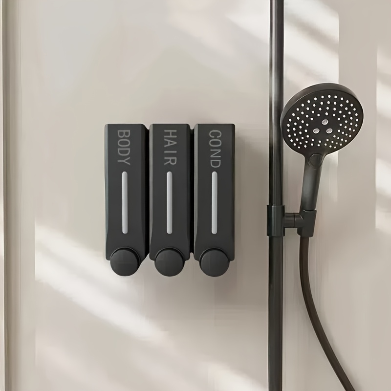 Image of New 57 Soap Dispenser 300ml - Black 3pcs, Three-head Nail-free Wall-mounted Hotel Bathroom Soap Dispenser, Wall-mounted Hand Soap, Body Wash, Shampoo, Push-type Soap Dispenser Px
