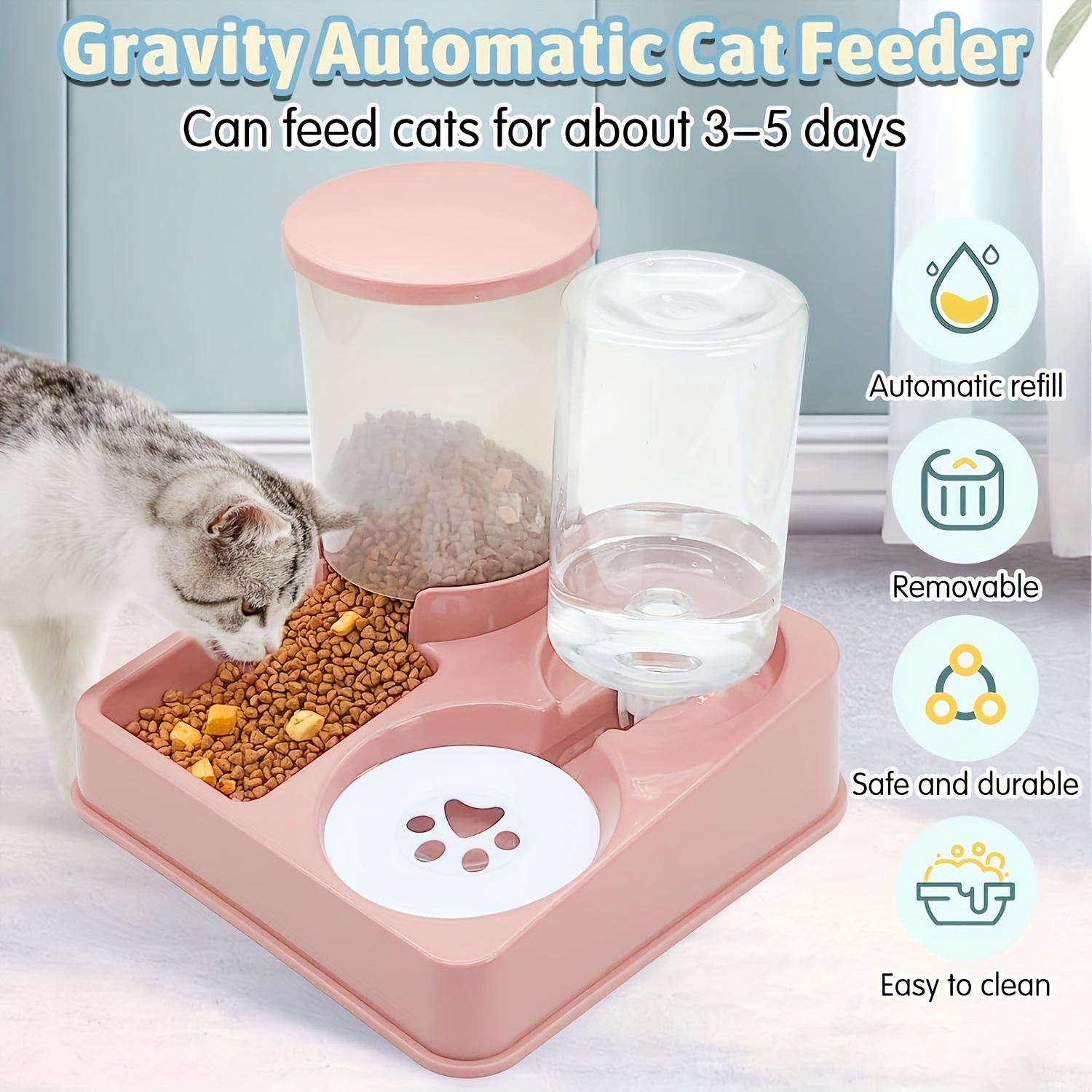 

Cat Feeding And Water Dispenser Set, 2-in-1 Tilting Automatic Pet Food And Water Dispenser, Suitable For Indoor Cats