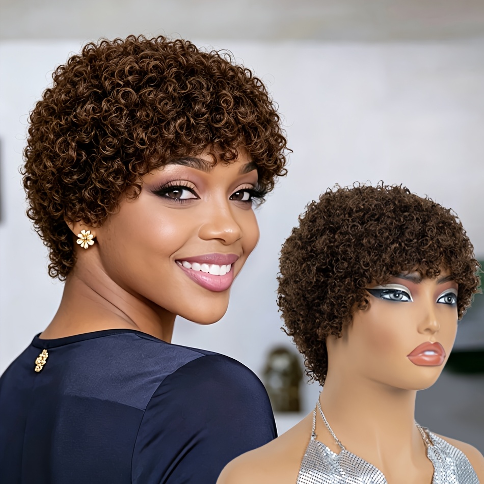 TEMU USEXY Perruque pour femme en cheveux humains brésiliens adaptée aux de peau - Coupe courte avec frange bouclée, 200 %, perruques afro