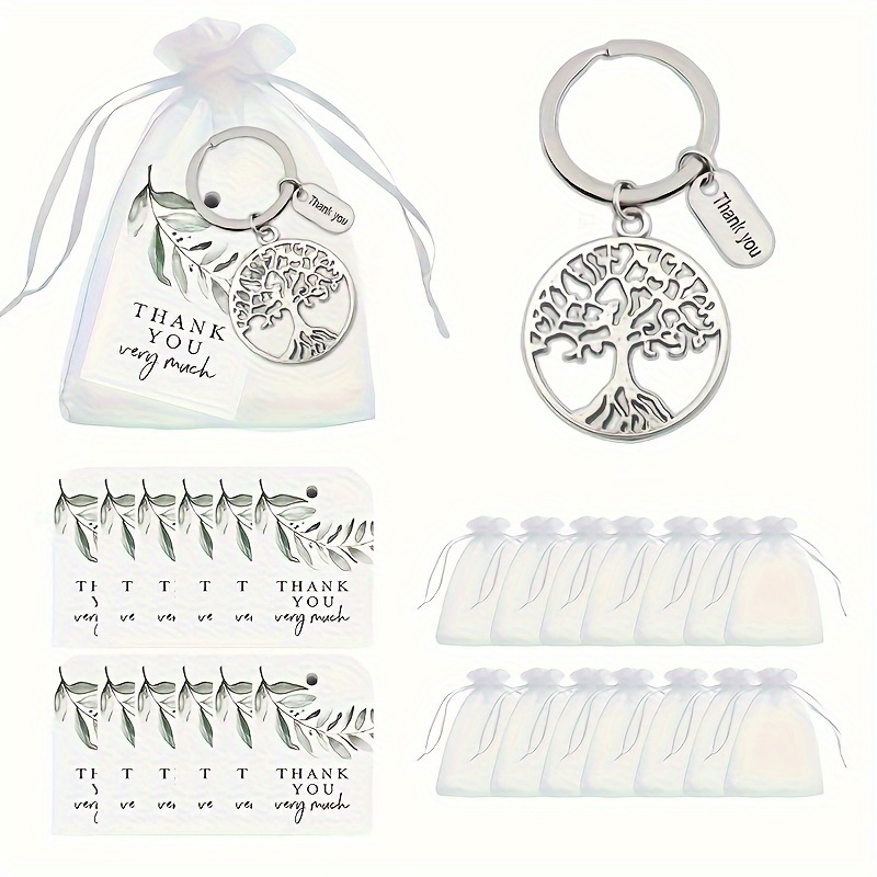 

60pcs, Tree Of Life Key Ring Gift Set Of 20 With 20pcs Green Leaf Thank You Card, And 20pcs White Organza Bag, And 20pcs Hollow Metal Keychain Graduation Season Thanksgiving Teacher's Day Gift