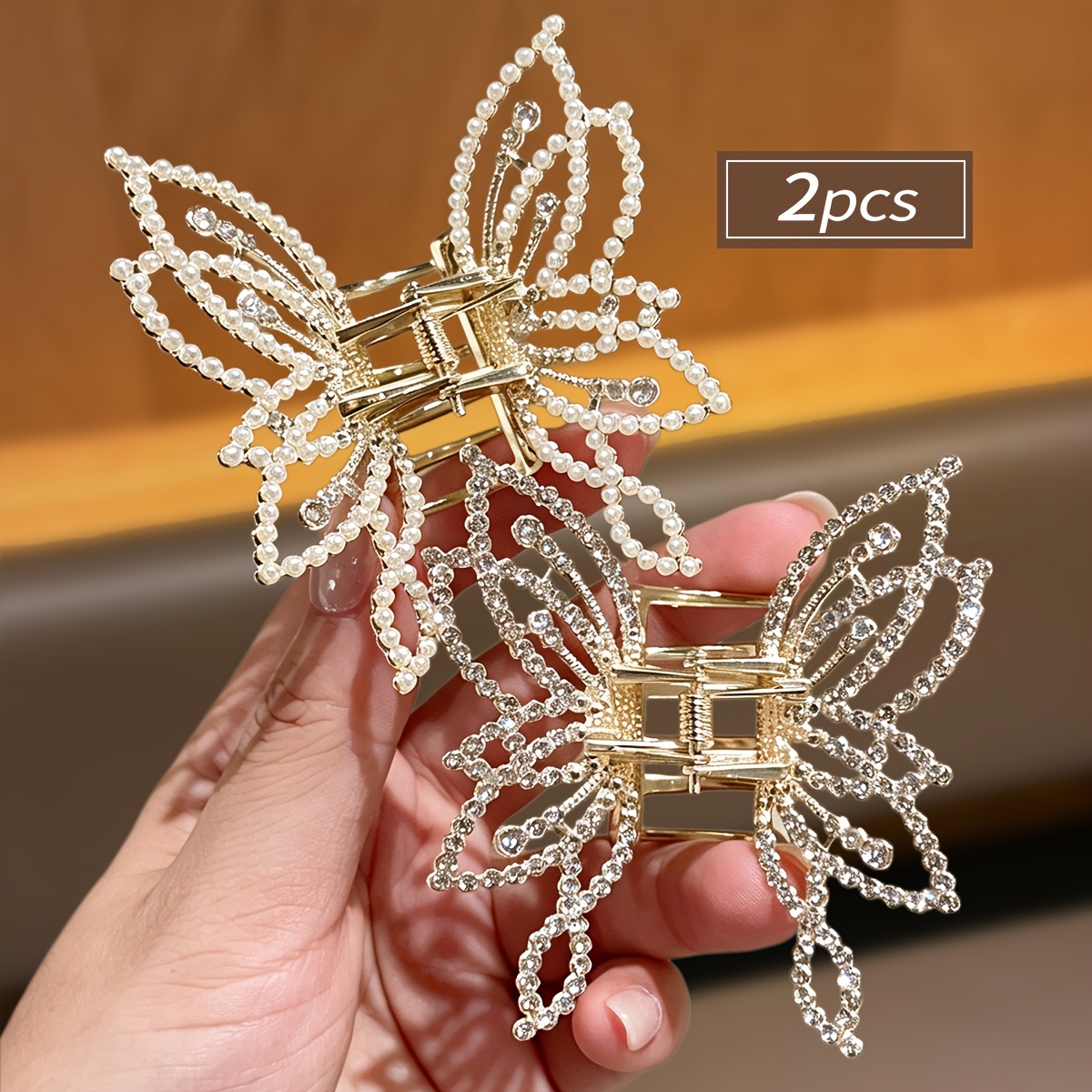 TEMU Lot de 2 pinces à cheveux papillon en strass de luxe léger, grandes pinces requin ajourées scintillantes, accessoires pour cheveux haut de gamme