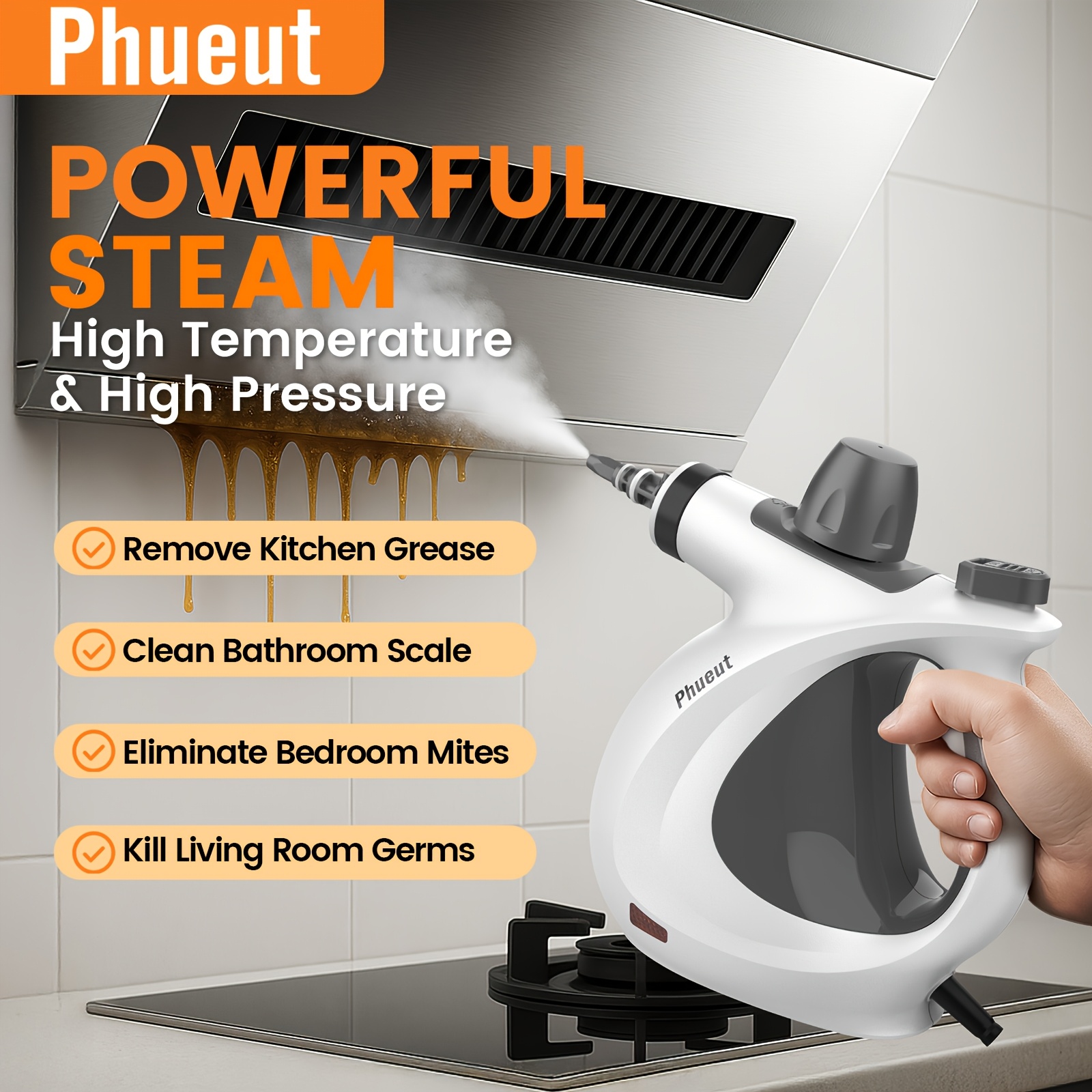 Pembersih Uap Genggam 2500W – Pembersih Uap Portabel Bertekanan Tinggi untuk Rumah, Mobil, Dapur, Keramik dengan 3 Sikat