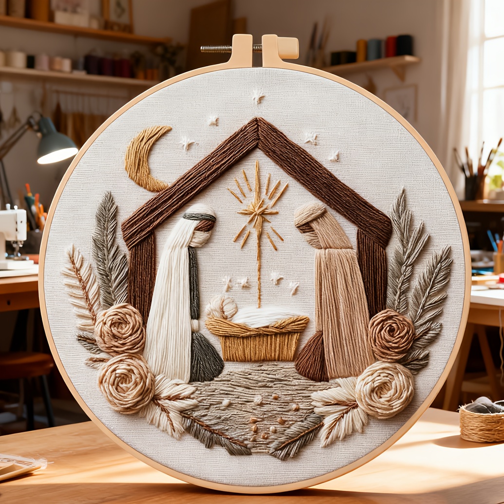 TEMU Embroidery Kit Set | Birth Stable Scene Pre-printed Pattern, Includes Needle, Thread, Embroidery Hoop, -by-step Instructions | Ideal For New