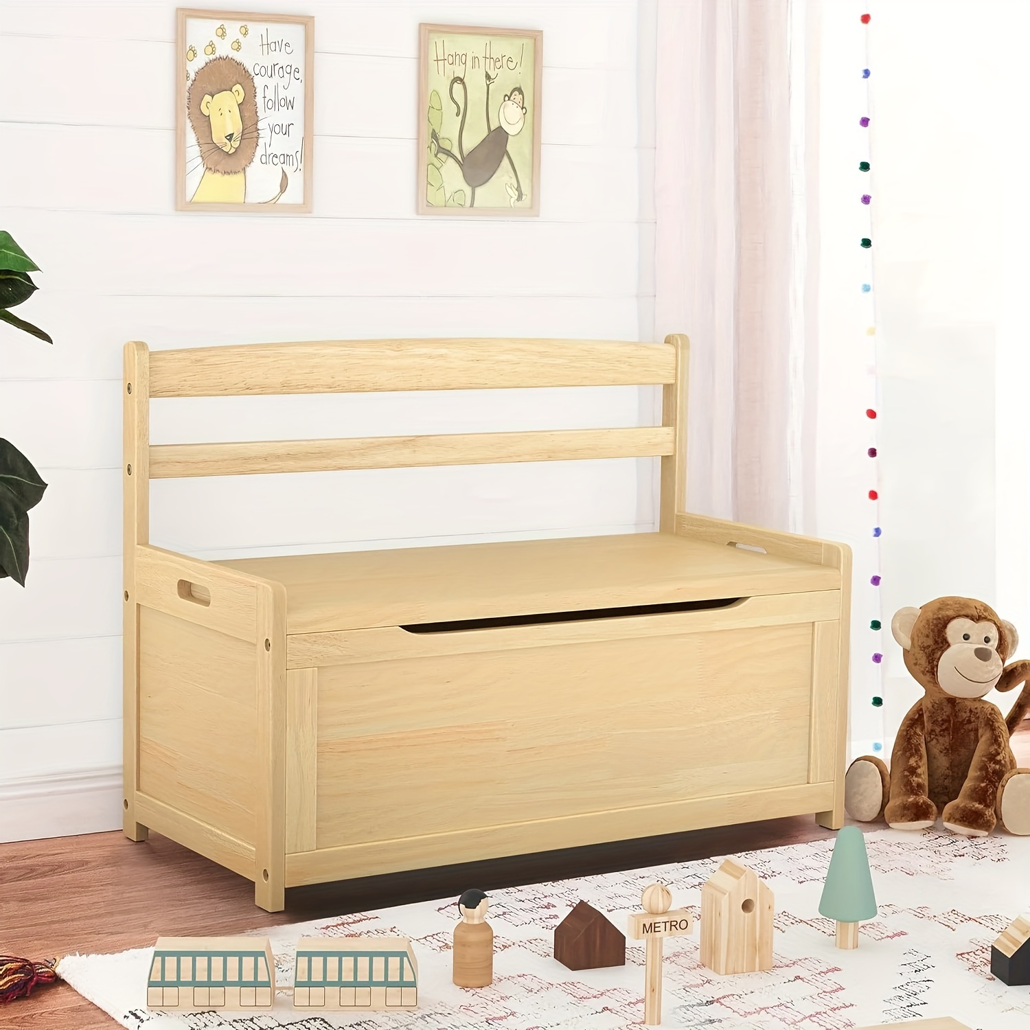 

Toy Box Chest Natural Rubber Wood Toy Box Large Storage Cabinet With Cushion Seat Bench Flip-top Lid Safety Hinge Toy Storage Organizer Trunk For Nursery Playroom