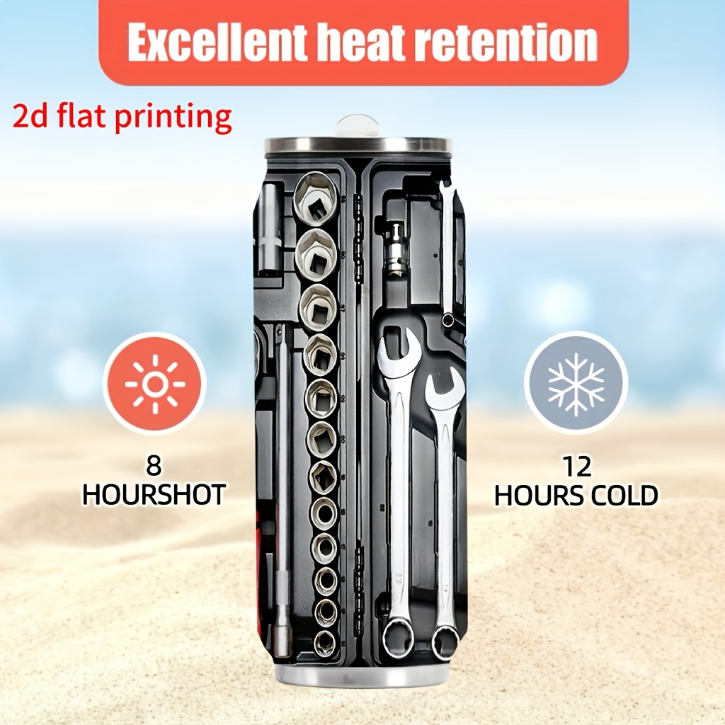 TEMU 2d Flat Printing 2d Tool Design Pattern, 500ml Stainless Steel Cup, Double-walled Vacuum Stainless Steel Sports Cup, Hand Wash , Reusable Travel