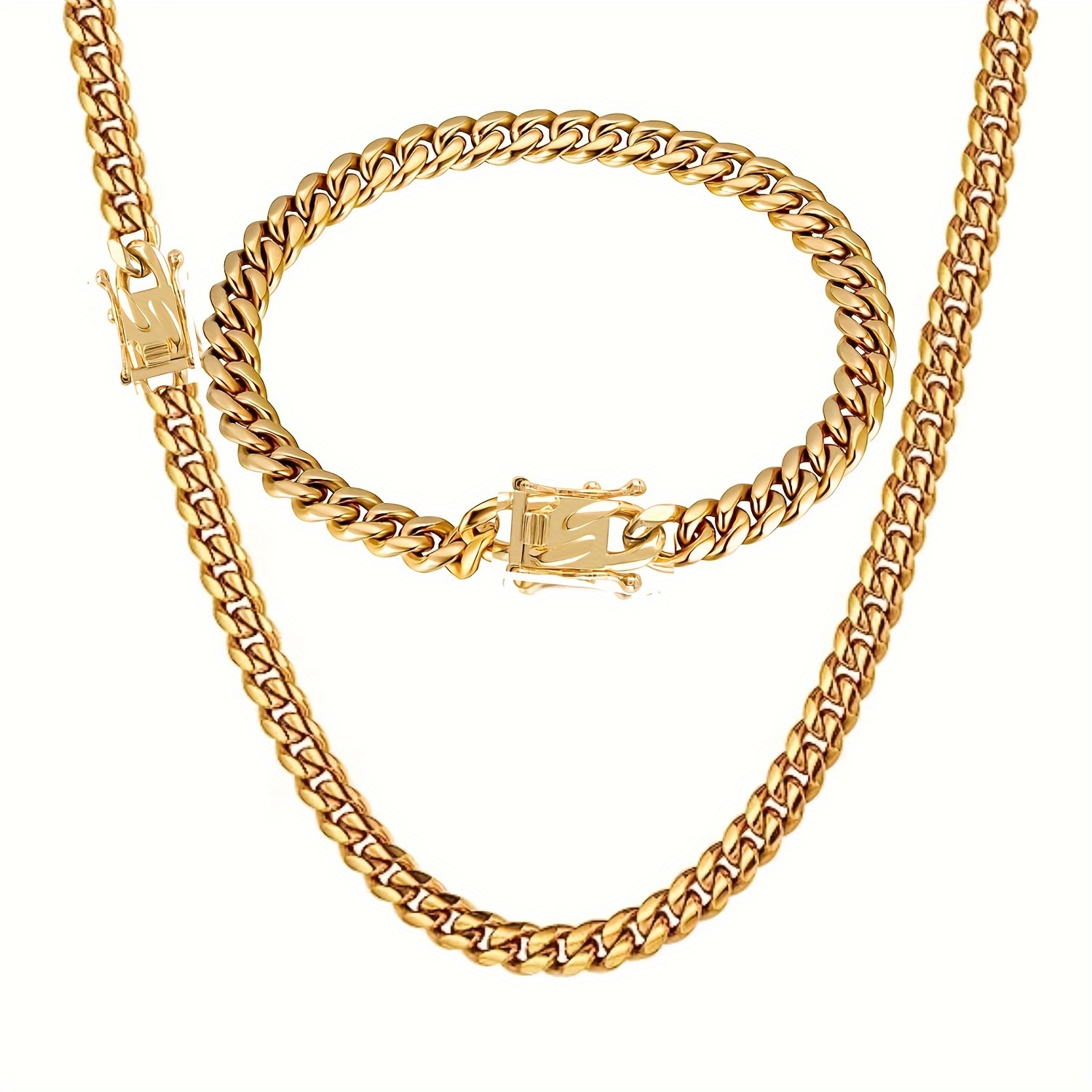 

2pcs Cuban Link Chain Set For Men, 18k Gold Plated Stainless Steel Bracelet & Necklace